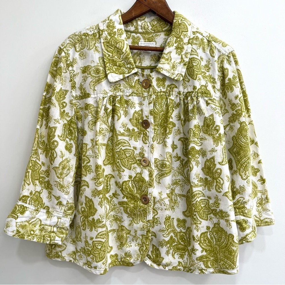Charter Club Jacket Woman’s Plus Size 3X Green White Paisley Floral 100% Linen